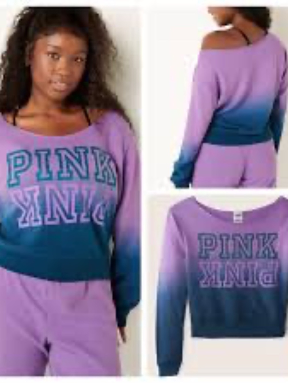Victoria's Secret PINK Y2K Everyday Lounge Off Shoulder Ombre Graphic Sweatshirt - Picture 2 of 5